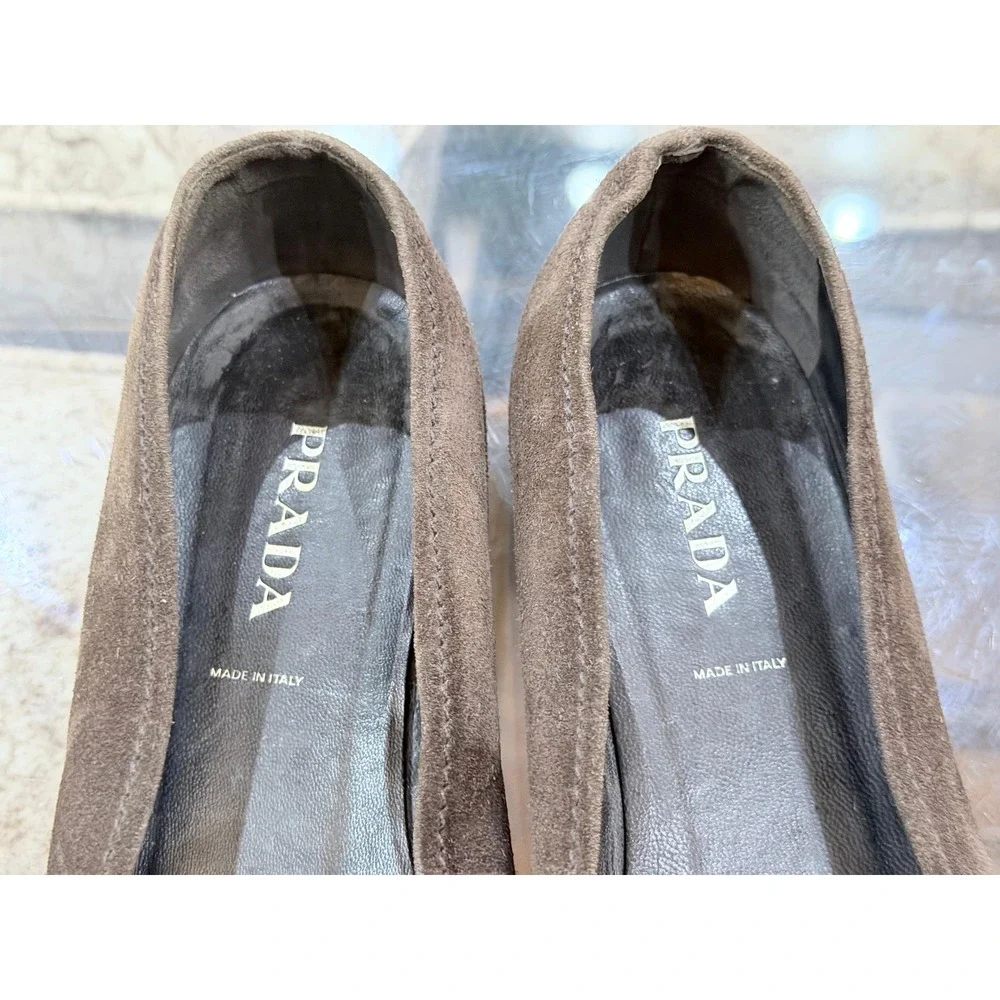 Prada Brown Suede Buckle Loafers Square Toe Flats Made in Italy Size 39 EU